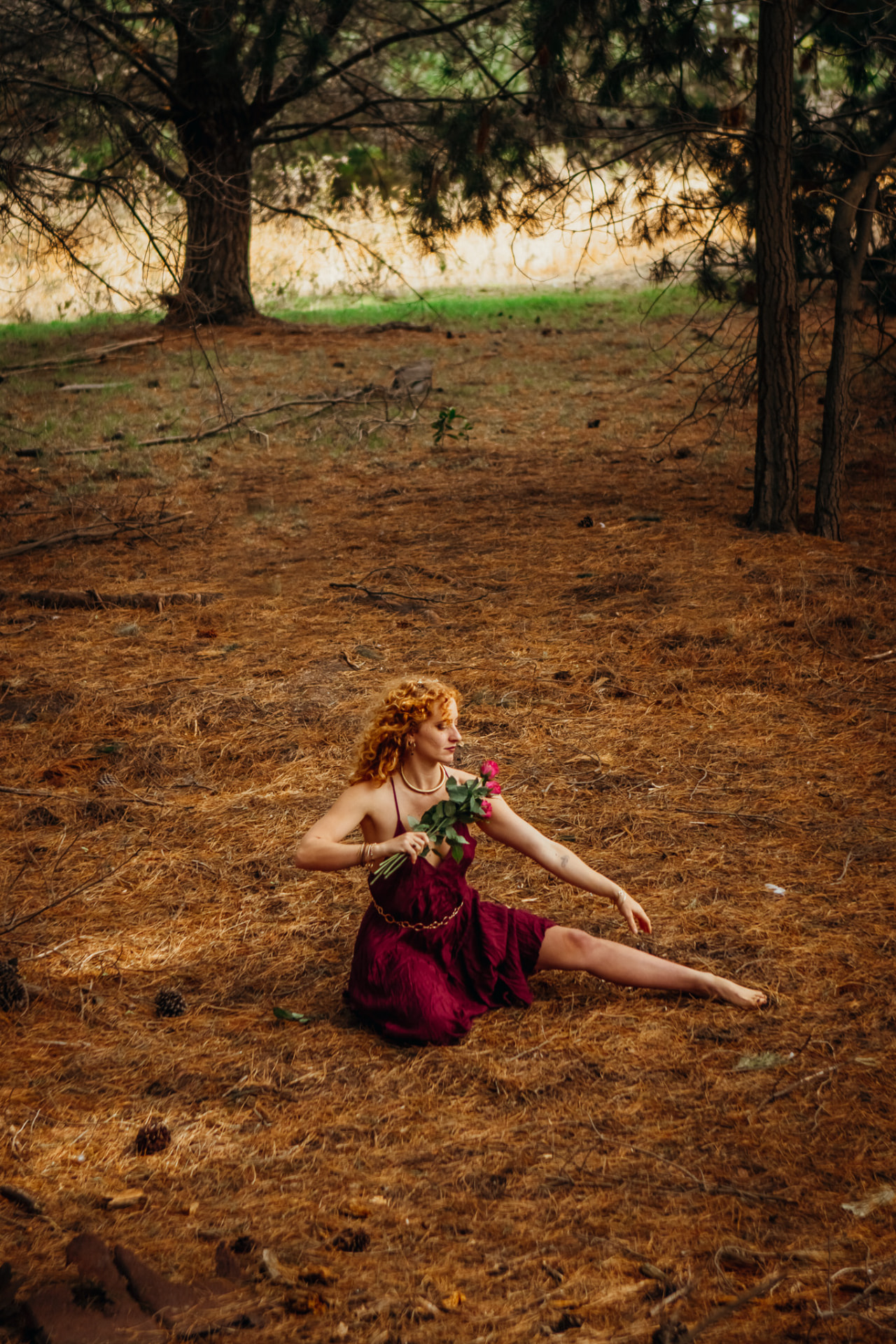 River Rose seated in a sunlit pine forest wearing a deep red dress and holding roses